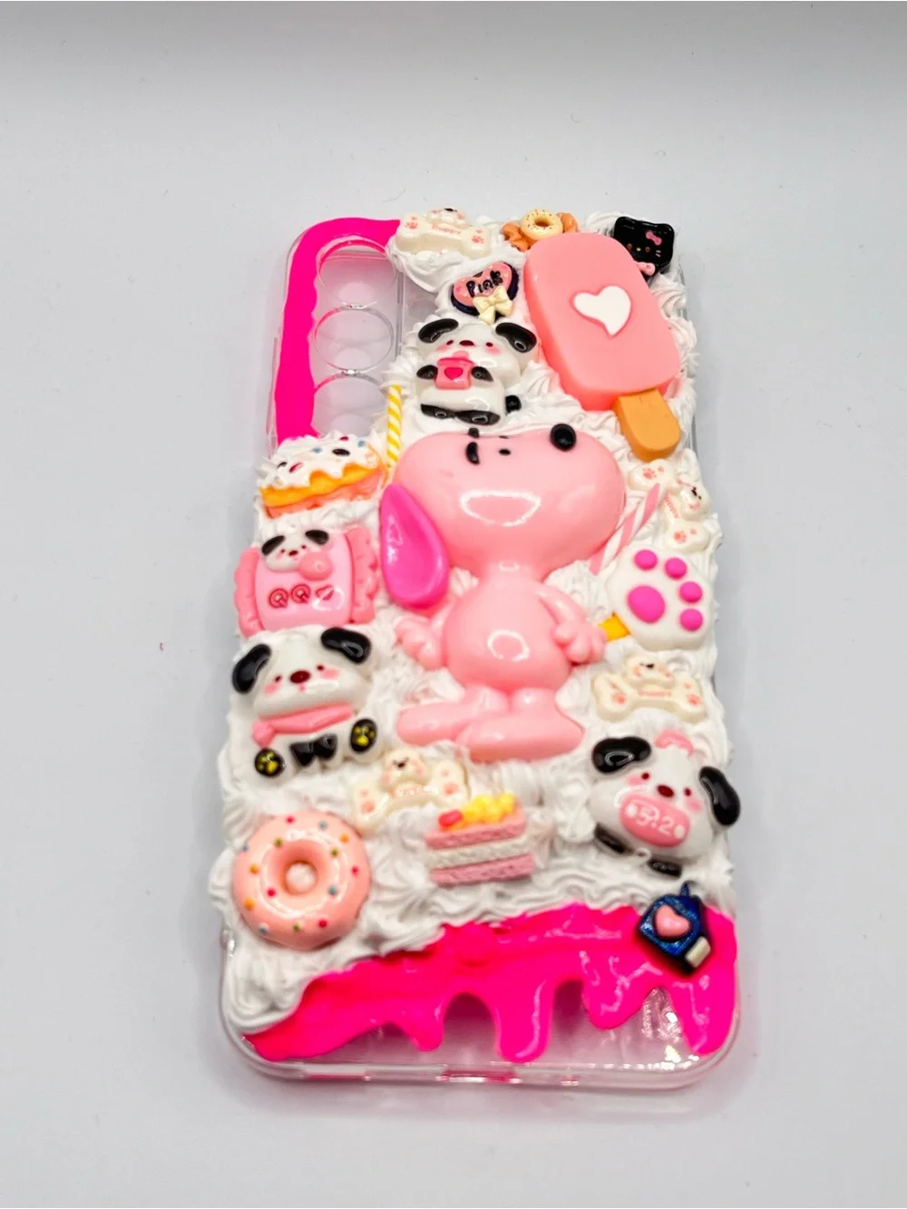 Cute Pink Snoopy Decorated Phone Case with Desserts Charms